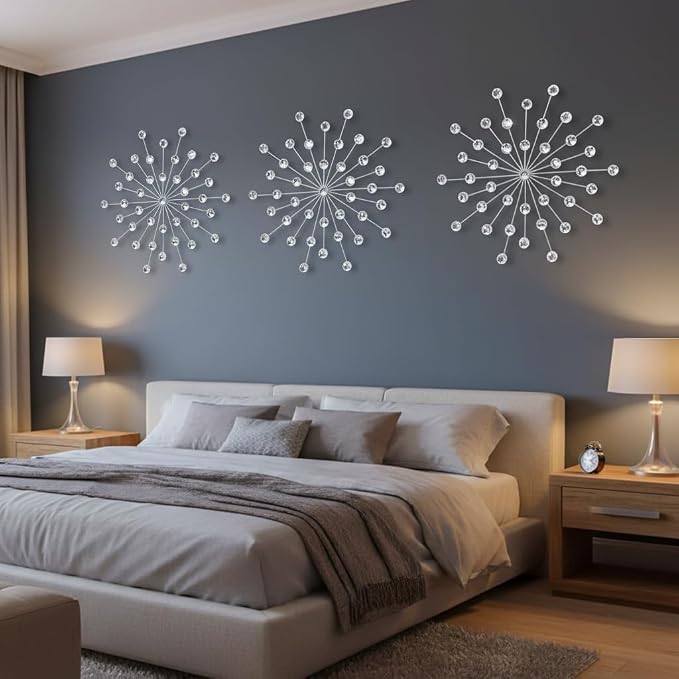 ZEXUIRU 3 Set Silver Starburst Wall Art for Home Decor Metal Bling Crystal Rhinestones Sunburst Wall Decor Sparkling Rhinestone Art Accent Silver - 18in - Image 3