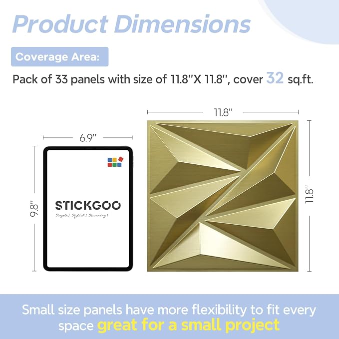 STICKGOO 3D Wall Panels Diamond, Champaign Gold, 12''x12'', 33 Pack | PVC Accent Wall Panels for Interior Wall Decor, Living Room, Bedroom, TV Background, Lobby, Cover 32.Sq.Ft - Image 6