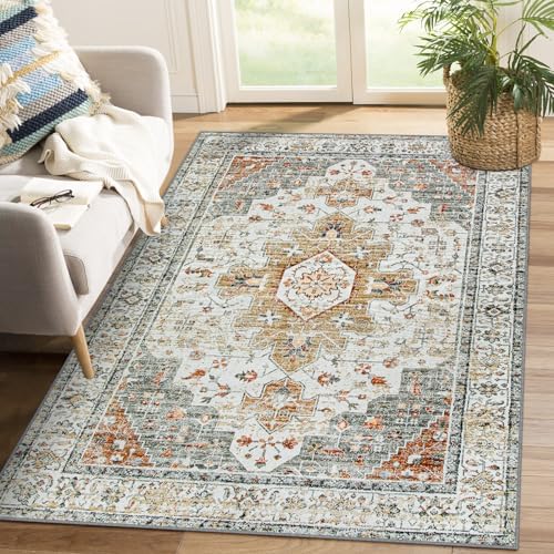 Moynesa Ultra-Thin Washable Area Rug - 4x6 Vintage Living Room Rugs Non-Shed Non Slip, Oriental Low Pile Indoor Accent Floor Carpet for Bathroom Bedroom Laundry Mudroom Entrance, Beige/Gold by Moynesa