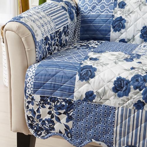 Great Bay Home Reversible Patchwork Loveseat Cover - Washable Slipcover Furniture Protector with Elastic Straps - Perfect for Kids & Pets - Box-Stitched Detail (Navy) - Image 4