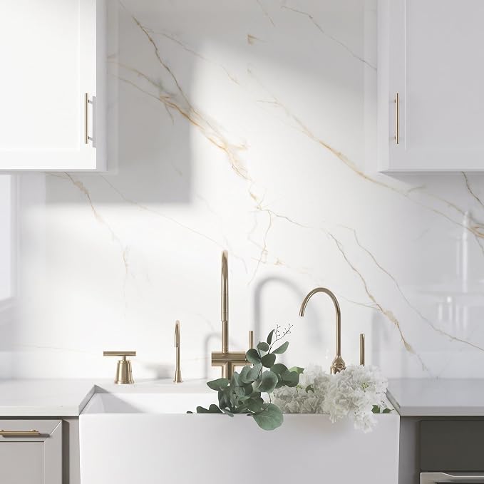 Marble Peel and Stick Waterproof Wall Paneling, 118" x 47" Statuario Gold Glossy Finish Self-Adhesive Backsplash Tile Vinyl Wall Panel for Kitchen Bathroom Wall Decor, Covers 38.75 Sq. Ft. - Image 8