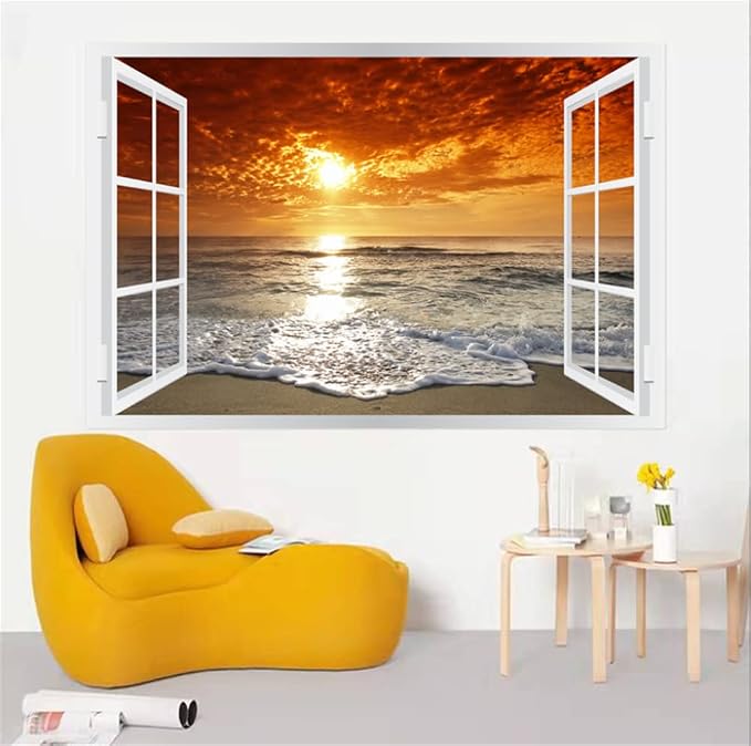Self-Adhesive Wall Sticker Romantic Living Room Bedroom Study Office Decorative Wall Sticker Ocean Scenery Fake Window Sticker Mural (36"×48", Sunset Beach) - Image 5