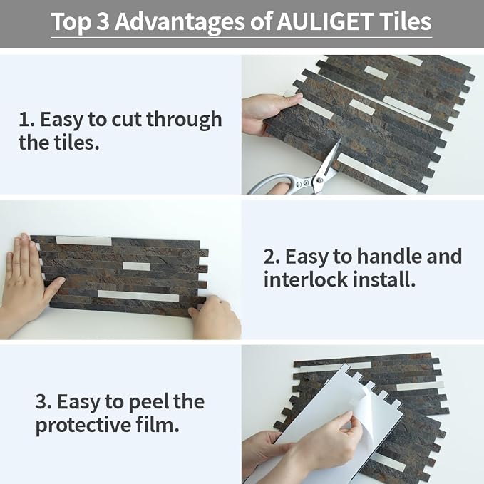 AULIGET 20 Sheets Rust Slate Peel and Stick Backsplash, PVC Mixed Metal Silver Wall Tile Stick on Backsplash for Kitchen and Bathroom - Image 7