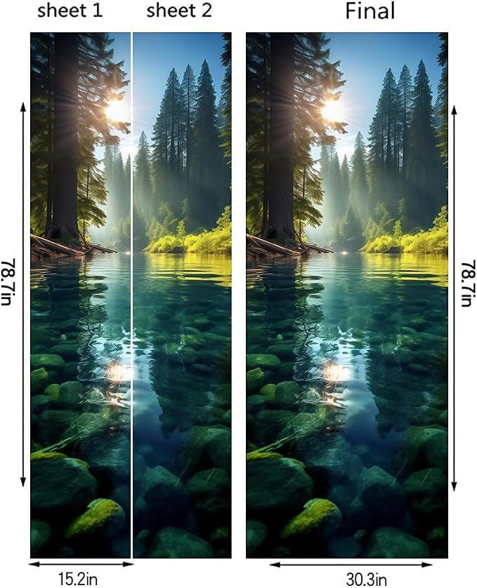 REDAMANCY Blue Green Forest River Jungle Landscape Peel and Stick Door Stickers Vinyl 3D Door Mural Decals Decor Modern Door Wallpaper Self-Adhesive, Waterproof, Removable - Image 2