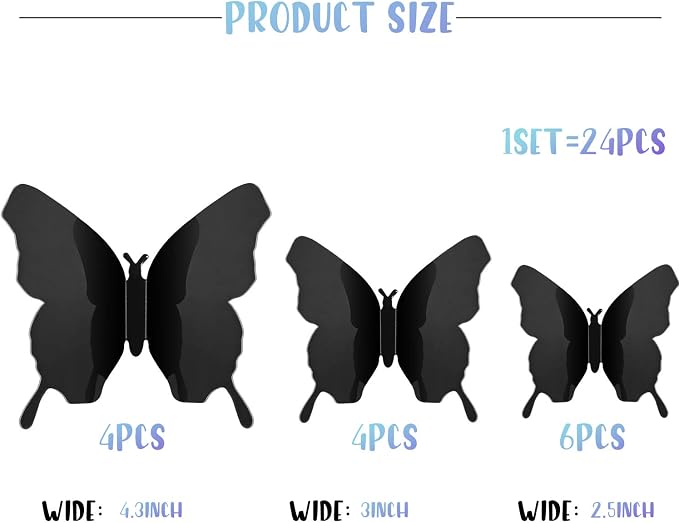 BBTO 48 Pcs 3D Butterfly Mirror Wall Decor,Black | Butterfly Stickers,3 Sizes,for Birthday Party Cake,Room Nursery Bathroom Wall Decor,Removable Peel Stick,Reflective - Image 3