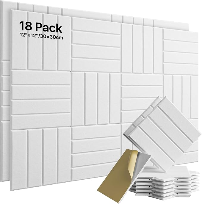 Soundsbay Sound Proof Foam Panels for Walls Self-Adhesive, 18-Pack 12"X12" | Cover 17.4 sq.ft, 150kg/m³ High-Density Polyester, Soundproof Wall Panels for Recording Studio, Home Theater, Office White by Soundsbay