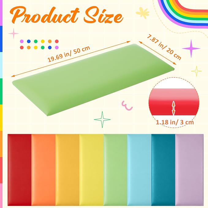 Hahafelt 8 Pack Wall Padding for Playroom Peel and Stick Headboard 19.69" x 7.87" x 1.18" 3D Anti Collision Upholstered Wall Panels Self Adhesive Headboard Panel for Protection (Rainbow Colors) - Image 3