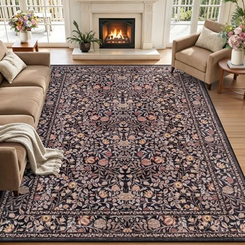 6x9 Area Rug Living Room: Soft Floral Washable Boho Carpet Brown by EXPEDIX