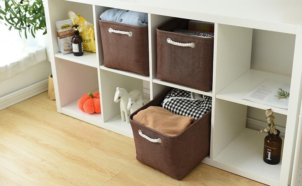 TheWarmHome Organization and Storage Basket for Shelves - 3 Pack 16x12x12 inch Fabric Storage Cubes, Cube Storage Bin for Organizing Closet Cloth Organizer Gift Toy (White & Brown) - Image 3