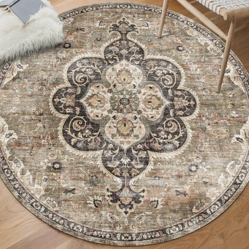 ReaLife Rugs Machine Washable Area Rug - Living Room Bedroom Bathroom Kitchen Entryway Office - Non Slip Low Pile Stain Resistant Premium - Boho Farmhouse Vintage - Joy - Brown Beige 4' Round by ReaLifeRugs