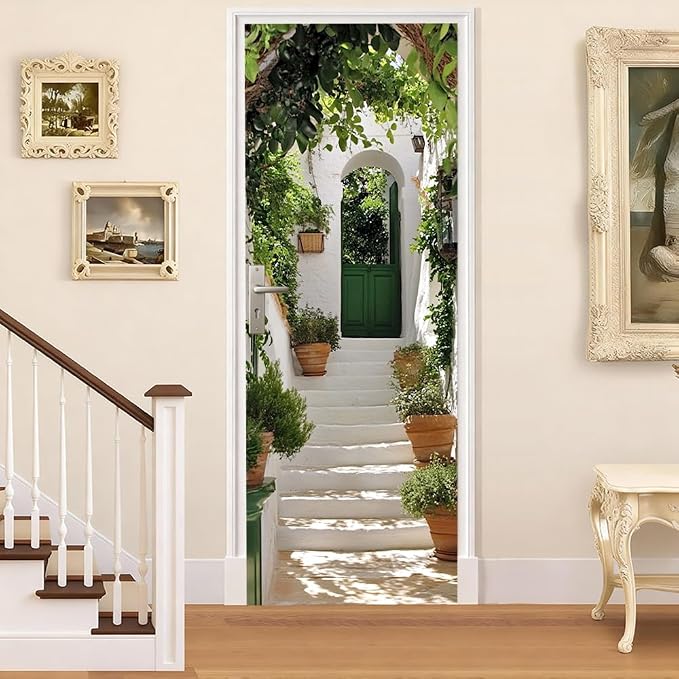 Garden Entry Door Mural, Green Cottage Archway Door Cover | Waterproof PVC, 30.3" W x 78.7" L; green garden archway scene for entryway, bedroom, hallway or office doors. - Image 2