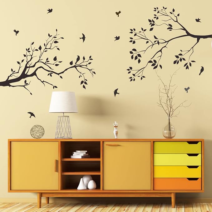 Runtoo Tree Branch Wall Art Decals Black Birds Leaves Wall Stickers for Bedroom Living Room Nursery Wall Decor - Image 2