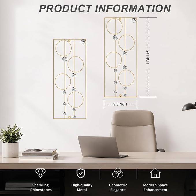 ZEXUIRU 2 Pcs. Abstract Metal Art for Wall Decor Living Room Bedroom Bathroom Office Metal Bling Modern Geometric Hanging Vertical Small Iron Sculpture Plaque Pack -Gold 24in - Image 4
