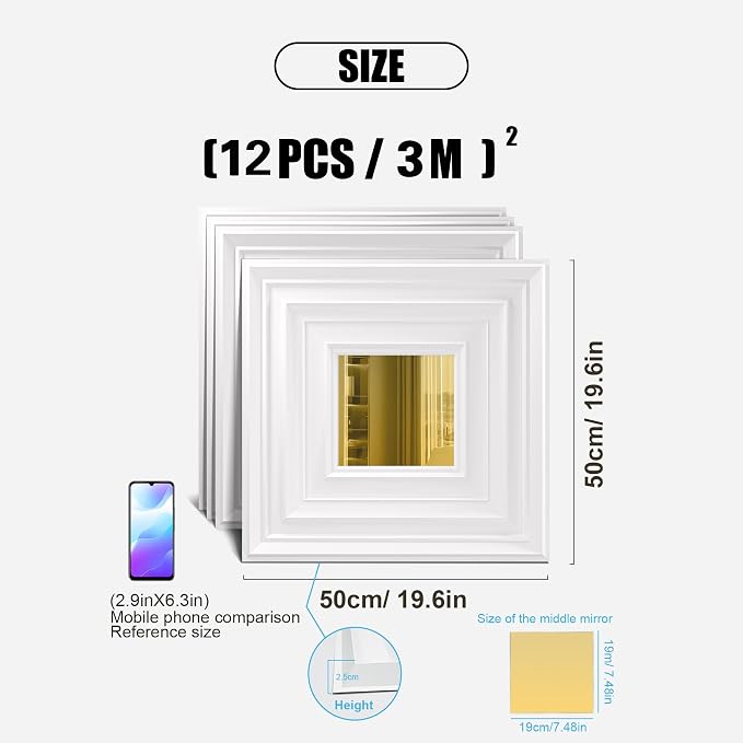 Chejiaye 12 Pack PVC Ceiling Tiles 19.7"x19.7" – Golden Mirror & White 3D Wall Panels for Wall and Ceiling Decoration,Cover 32.3 Sq.Ft – Waterproof,Lightweigh - Image 4