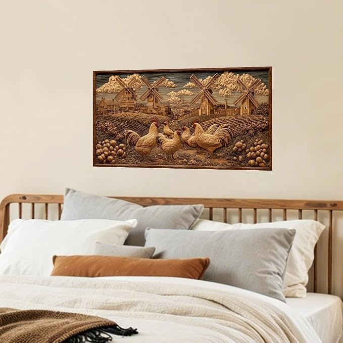 Rooster Windmill Kitchen Backsplash Peel and Stick, 30x16 in | Faux wood-carved rooster and windmill farmscape on warm walnut tones; flat 2D waterproof peel and stick; wipe clean; 30x16 in - Image 7