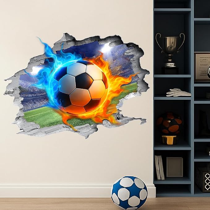 SUPERDANT 3D Soccer Wall Sticker Flame Football Break Through Wall Decal Peel and Stick Vinyl Art Mural for Boys Kids Room Bedroom Livingroom Playroom Home Nursery Decoration Gifts by SUPERDANT