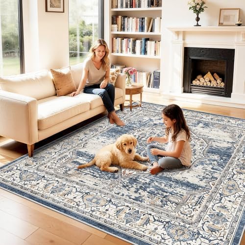 7x7 Area Rug Washable Living Room Rugs: 7ft Square Ultra Thin Soft Oriental Area Rugs Non-Slip Backing Farmhouse Rug Low Pile Thin Stain Resistant Indoor Carpets, 7' x 7' Blue by YOUFORTONG