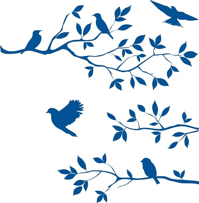 Picniva Blue 16'' X 24'' Burnish Birds & Blossoms Vinyl Wall Decal Art Décor by Picniva