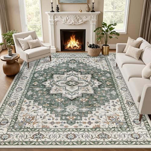 10x14 Area Rugs Living Room: Washable Rug for Bedroom Green Ivory by EXPEDIX