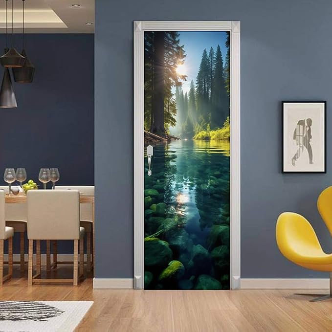 REDAMANCY Blue Green Forest River Jungle Landscape Peel and Stick Door Stickers Vinyl 3D Door Mural Decals Decor Modern Door Wallpaper Self-Adhesive, Waterproof, Removable - Image 3
