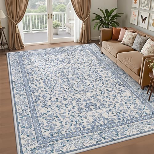 5x7 Area Rug Living Room: Soft Floral Washable Boho Carpet Blue - Image 2