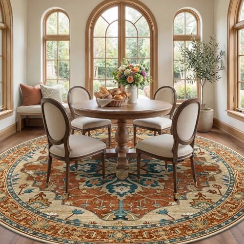 RELEANY Washable Area Rug, Round 8ft, Red/Orange/Blue/Brown - Image 3