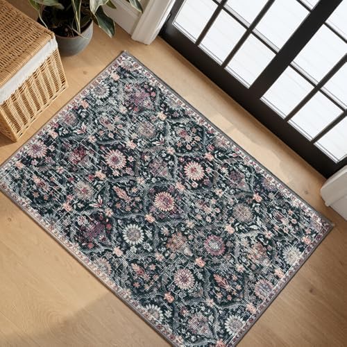 Lahome Moroccan Trellis Washable Rug, 2x3 Entryway Rugs for Kitchen Bathroom, Non-Slip Indoor Door Mat Ultra-Thin, Small Oriental Throw Carpet for Bedroom Entry Elise, Black/Multi by Lahome