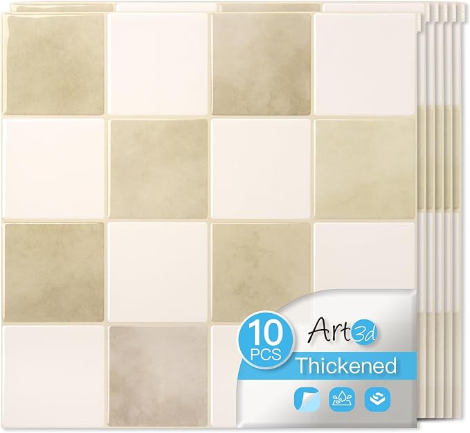 Art3d Grid Peel and Stick Backsplash, 10-Pack, 12 x 12 in, Beige and White | Enhanced Thickness, Strong Adhesion, Moisture Resistant, Long-Lasting, Minimalist Look, DIY Friendly, for Kitchen Countertops by Art3d