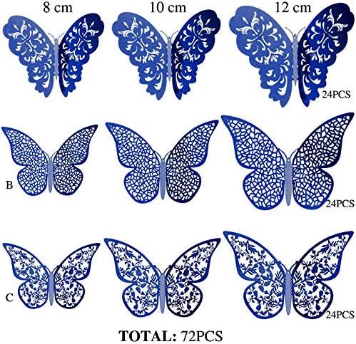 Bememo 72 Pcs 3D Butterfly Wall Decals, 3 Sizes,Sapphire Blue | Metallic Hollow Design for Bedroom Living Room, Removable Adhesive Wall Decor, Easy Peel Stick Party Decoration Stickers - Image 4