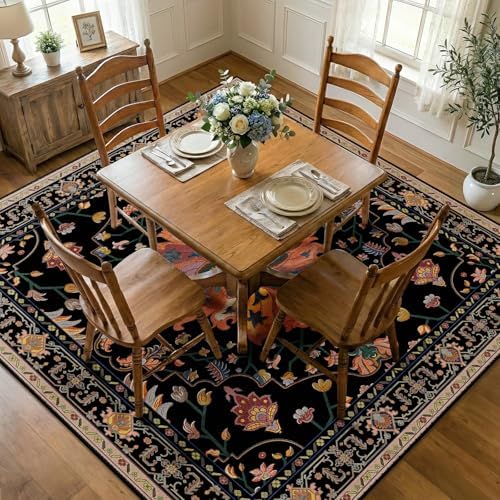 RELEANY Washable Area Rug, Square 7'x7', Black/Colorful by RELEANY
