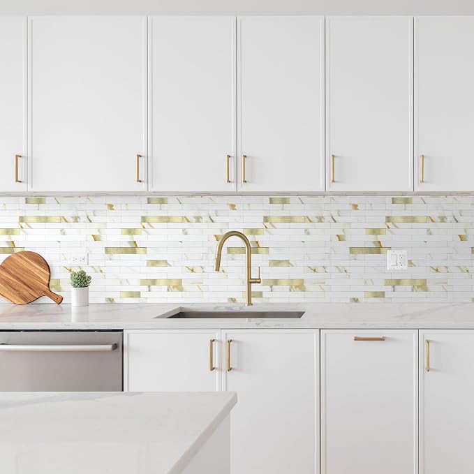 1 - Sheet Peel and Stick Backsplash Wall Tile, PVC Kitchen Backsplash, Stick on Tiles for Backsplash Kitchen (12'' X 12'', White with Gold) - Image 3