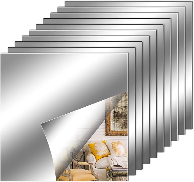 Fantasyon 10 Pieces Flexible Mirror Sheets, Self Adhesive Decorative Plastic Mirror Tiles Non-Glass Mirror Stickers for School Educational and Home Wall Decor(12x12 Inch) by Fantasyon
