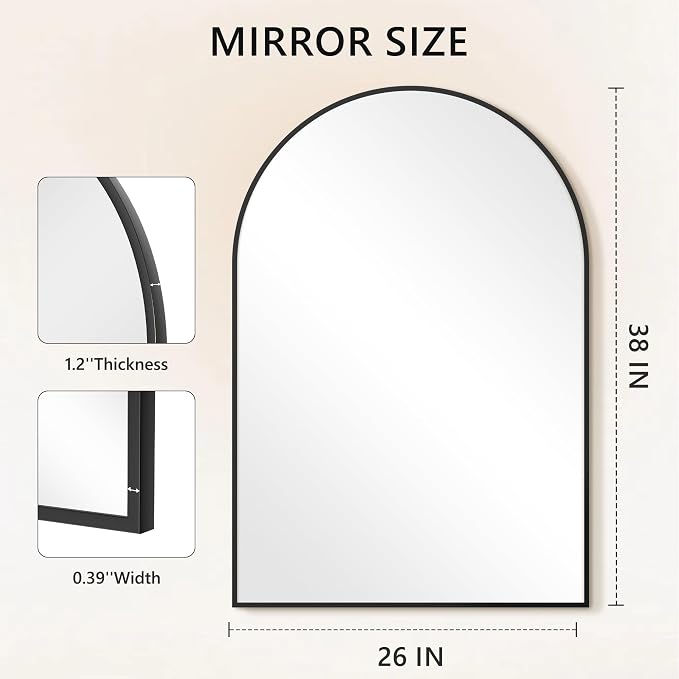 Arched Bathroom Mirror for Wall, 38" x 26" Metal Frame Vanity Mirror, Black - Image 6