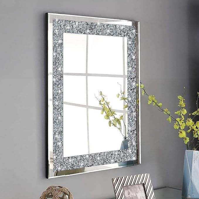 QMDECOR Crystal Crush Diamond Rectangle Silver Mirror for Wall Decoration 20x28inch Wall Hang Frameless Mirror Glass Diamond Decor. - Image 3