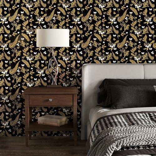 Vinjiasin Luxury Black Gold Peel and Stick Wallpaper Floral and Butterfly Wall Decor Removable Self Adhesive Wallpaper for Living Room, Bedroom, Accent Wall, Bathroom 17.3" x 118" - Image 2