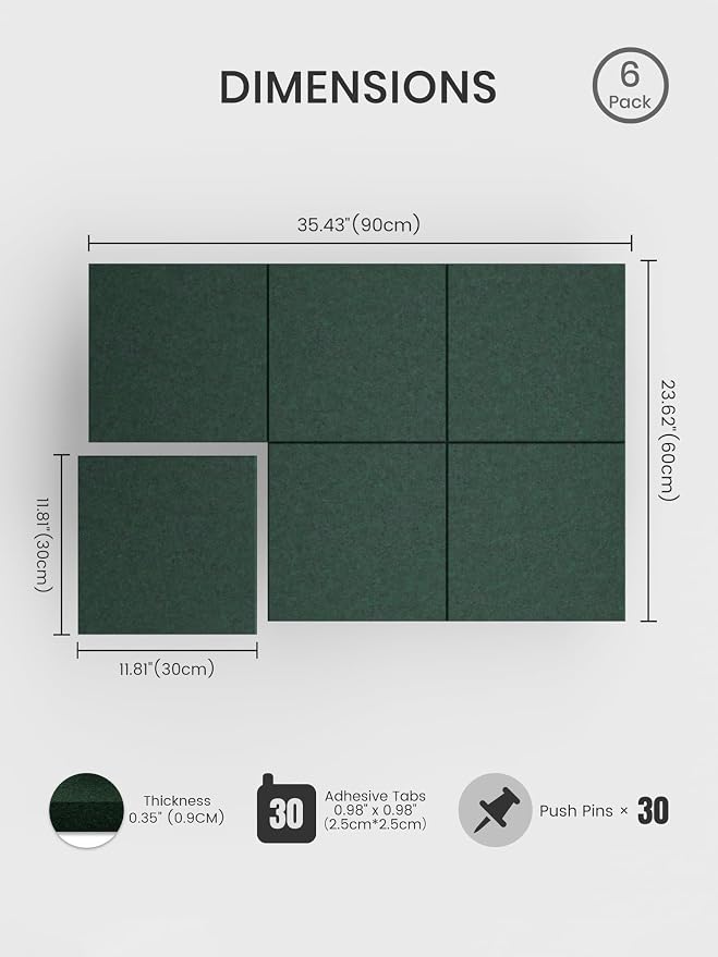 Bumusty 36"x 24" Large Felt Bulletin Board Tiles, Pine Green | 6-Pack Cork Board Alternative, Wall Decor, 30 Pushpins, 30 Adhesive Tabs, Vision Board, Office, Classroom, Home, Dorm - Image 2