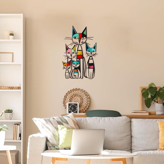 Wesiti Metal Cat Wall Art, Colorful Mid Century Iron Sculpture 10.6x15.7 | Black Metal Frame, Geometric Cats, Ideal for Room Decor, Living Room Bedroom Kitchen Office, Cat Lover Gift Pictures - Image 4