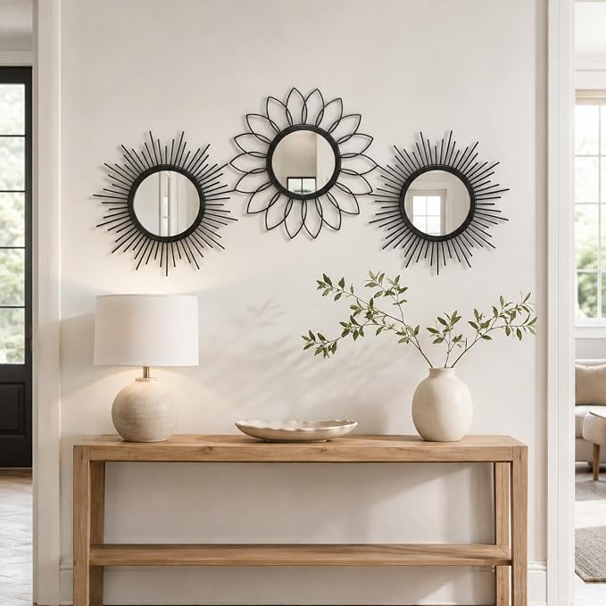 Black Sunburst Mirror 14x14 Inch, Decorative Wall Accent with Metal Frame, Small Sun Mirror for Living Room, Bedroom, Entryway, Hallway, Boho Modern Home Decor - Image 5