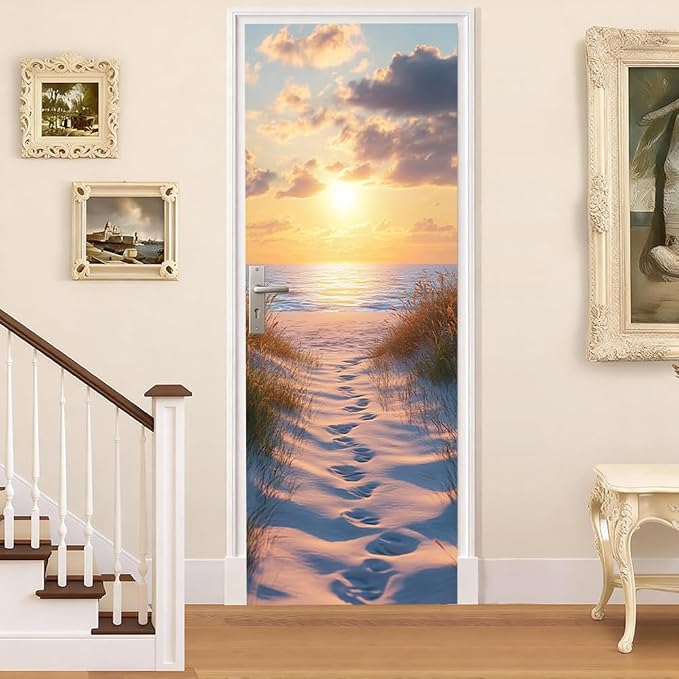 Sunset Beach Door Mural, Coastal Ocean Path Door Cover | Waterproof PVC, 30.3" W x 78.7" L; sunset beach scene for bedroom, entryway, office or closet doors. - Image 2
