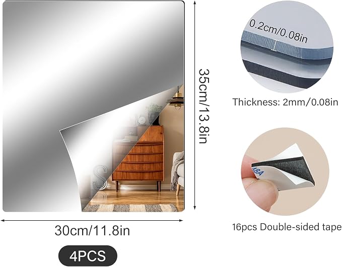 Fantasyon 4 Pieces Flexible Mirror Sheets, 2mm Thickness Decorative Self Adhesive Plastic Mirror Tiles Non Glass Mirror Stickers for School Educational and Home Wall Decor (11.8 × 13.8 Inches) - Image 2
