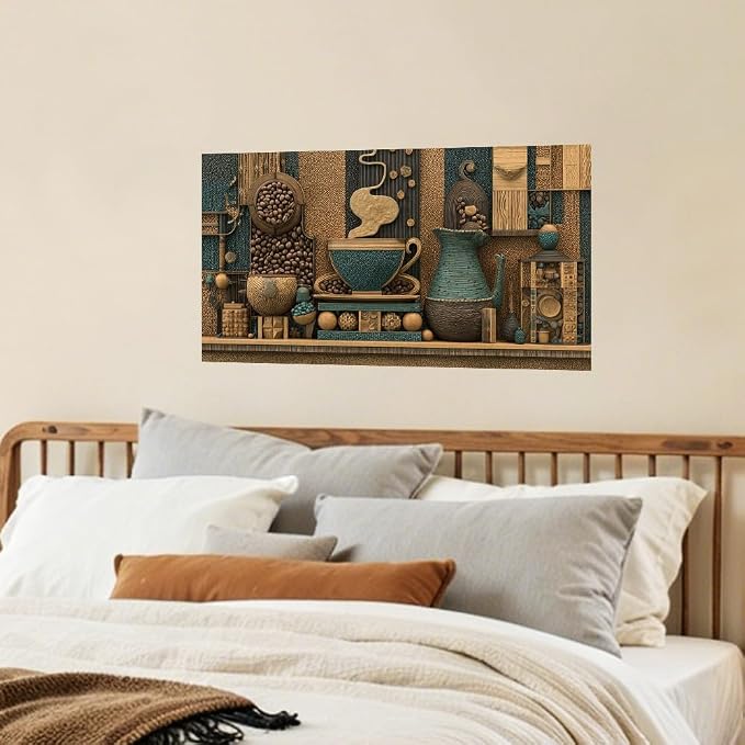 Coffee Bean Teal Mosaic Kitchen Backsplash Peel and Stick, 30x16 in | Mosaic coffee beans, steaming cup and teal pitchers in brown and teal tones; flat 2D peel and stick; wipe clean; 30x16 in - Image 7