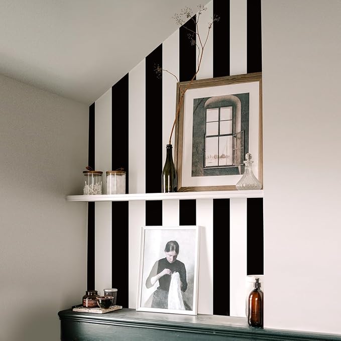 Jeweluck Black and White Striped Wallpaper Peel and Stick Wallpaper Vinyl | 17.7”x236.2” Striped Contact Paper Stripe Wallpaper Waterproof Removable Self Adhesive Wall Paper for Bathroom Decor Vinyl - Image 7