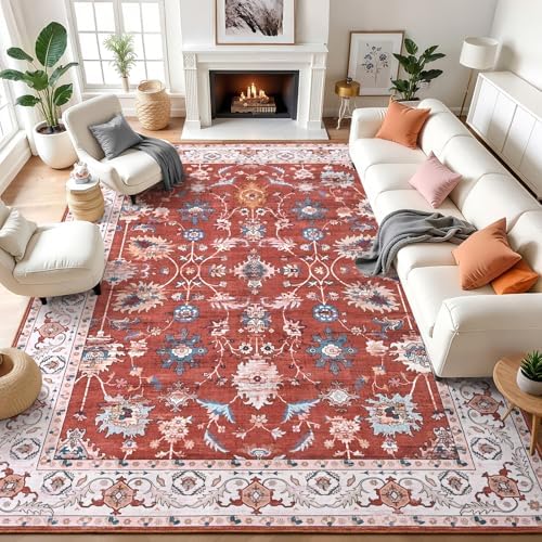 Hanples 9x12 Area Rugs for Living Room, Washable Rug Vintage Floral, Red by Hanples