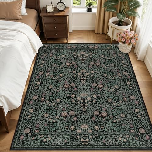 6x9 Area Rug Living Room: Soft Floral Washable Carpet Dark Green - Image 3