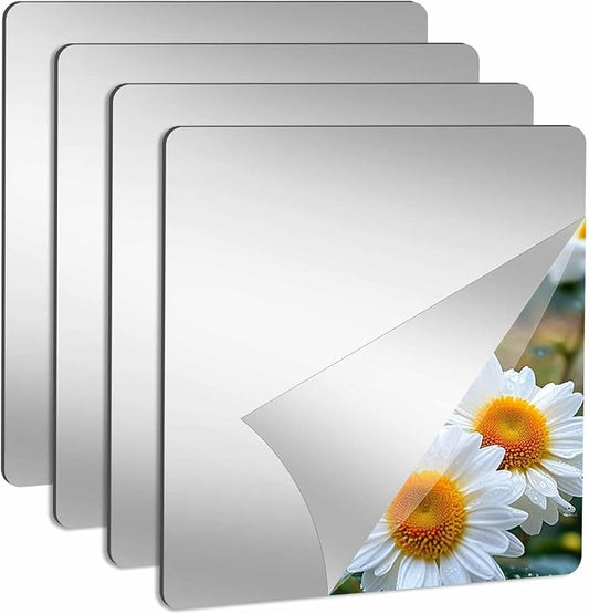 Abyssaly 4 Pack Acrylic Mirror Tiles, 7.87" x 7.87" Stick on Mirrors for Wall, Flexible Plastic Mirror Sheets Wall Stickers Small Espejos for Bedroom Home Gym Door, 2MM Thick Self Adhesive Mirrors by Abyssaly