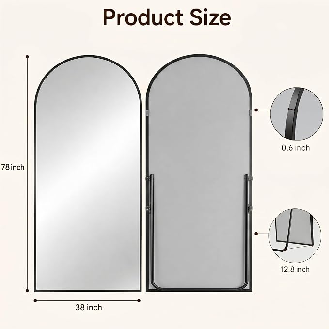 Antok Full Length Mirror, 78"x38" Floor Mirror with Stand, Black, Arched - Image 7