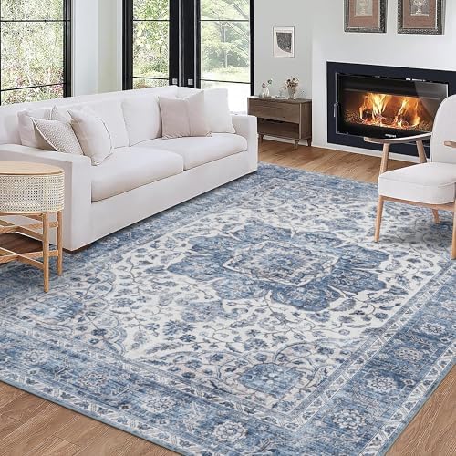 ReaLife Rugs Machine Washable Area Rug - Living Room Bedroom Bathroom Kitchen Entryway Office - Padded Low Pile Stain Resistant Premium - Boho Farmhouse Vintage - Joy - Blue Ivory 7'6" x 9'6" by ReaLifeRugs