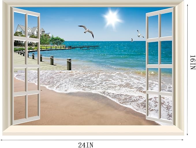 Fake Window Wall Decal- Summer Beach Seascape Open Wall Art Poster Sticker | Faux Window Ocean Coast Natural Scenery Landscape Mural｜ Stick and Peel Wall Decals｜for Room Bedroom Office Decor｜24"x16" - Image 4
