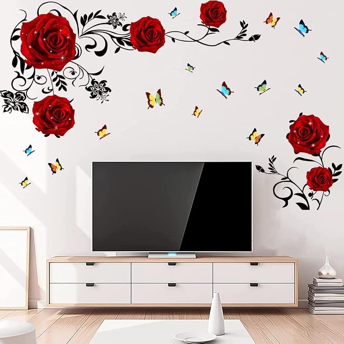 Supzone Red Rose Wall Stickers Rose Flower Vine Wall Decal Purple Peony Floral Wall Decor DIY Vinyl Mural Art for Bedroom Living Room Sofa Backdrop by Supzone