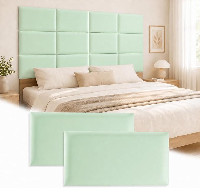Anti Collision Wall Padding for Kids, Upholstered 3D Wall Panels | 4 Packs 7.8'' x 15.7'' Peel and Stick Headboard, Self Adhesive Wall Pads for Kids, Bedroom, Living Room, Pale Green by Umedol